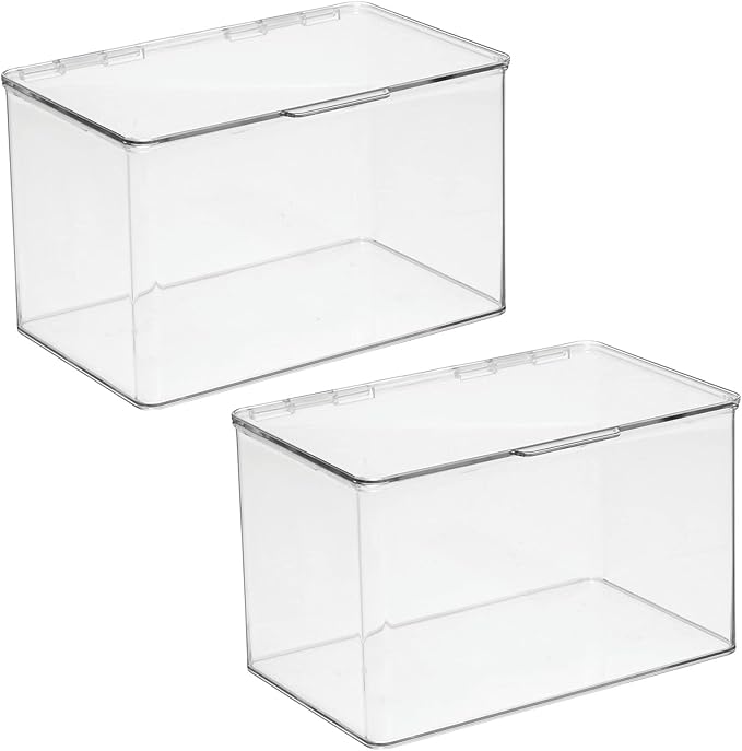 mDesign Set of 2 Storage Boxes with Lids – Stackable Plastic Storage Boxes for Nursery – Practical Plastic Toy Box Set – Clear