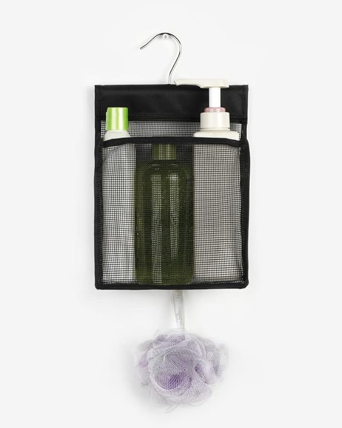 ALYER Hanging Mesh Shower Caddy Organizer Bathroom Storage Bag with Hooks for Camper, Gym, Cruise, Cabin, College Dorm Shower, Swimming and RV,Black