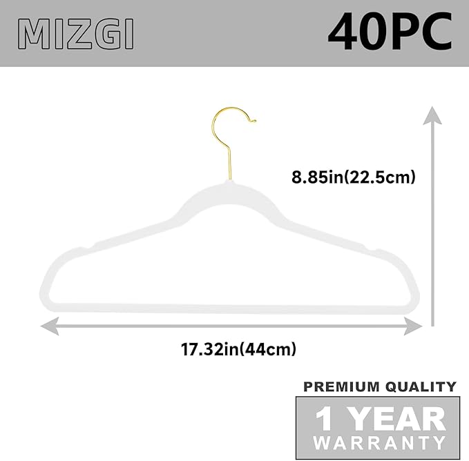 MIZGI Premium Velvet Hangers - 40 Pcs Heavy Duty, Non Slip Felt, Space Saving, White with Gold Hooks