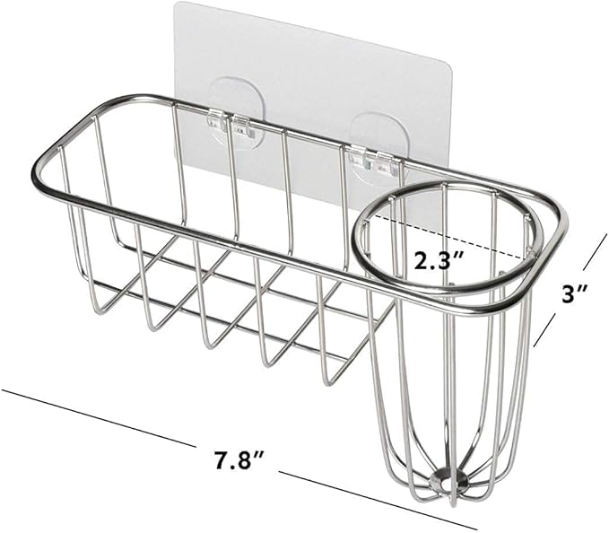 HULISEN 3-in-1 Sponge Holder for Kitchen Sink with Dish Brush Holder, Stainless Steel Caddy for Soap, Scrubber, No Drill and Rustproof, Silver