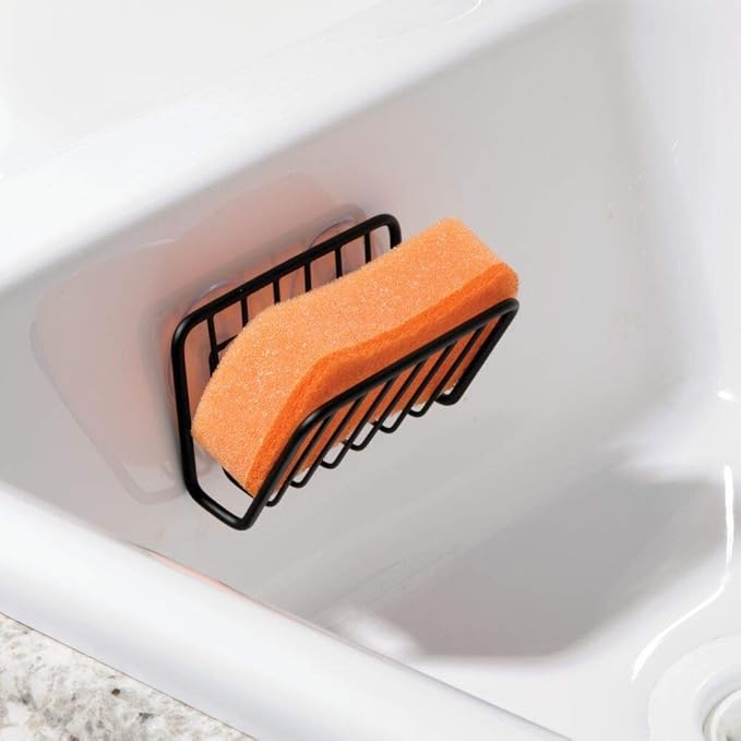 mDesign Metal Sponge Holder for Kitchen Sink with Suction Cups - Small Holder for Sponges in the Kitchen or Soap Holder in the Bathroom - Quick Drying Open Wire Basket - Ronde Collection - Matte Black