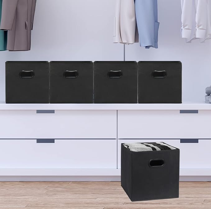 Simple Houseware Foldable Cube Storage Bins with Handles, 11-Inch, Black, 6-Pack, Fabric Cubes Organizer for Closet or Shelves