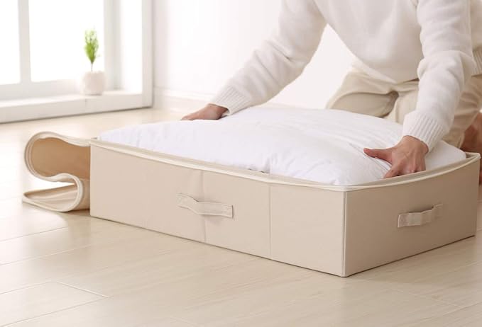 iwill CREATE PRO Pack of 2, Collapsible Rigid Storage Baskets for Underbed Organizer, Good for Clothing, Shoes, Bedding in Wardrobe, College Dormitory, Apartment Shelves Use, Beige