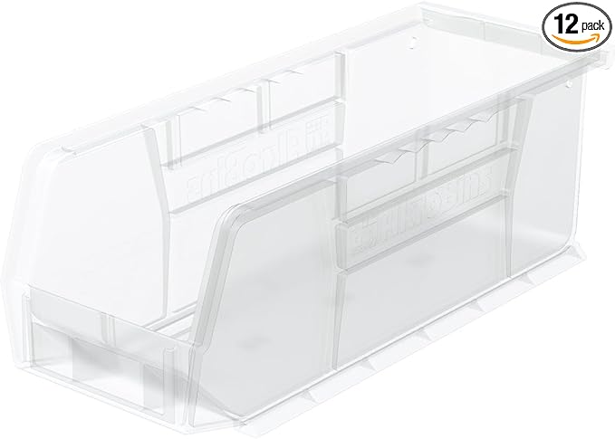Akro-Mils 30224 AkroBins Plastic Storage Bins, Space-Saving Stackable Bins for Garage, Pantry, Craft Organization, 11" L x 4" W x 4" H, Clear, 12-Pack