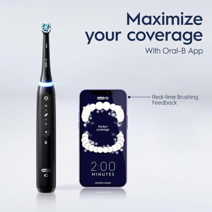 Oral-B iO Deep Clean + Whiten Rechargeable Electric Toothbrush with Visible Pressure Sensor, 2 Minute Timer, 5 Cleaning Settings, 1 iO5 Limited, 3 Toothbrush Heads, Travel Case & Refill Holder, Black