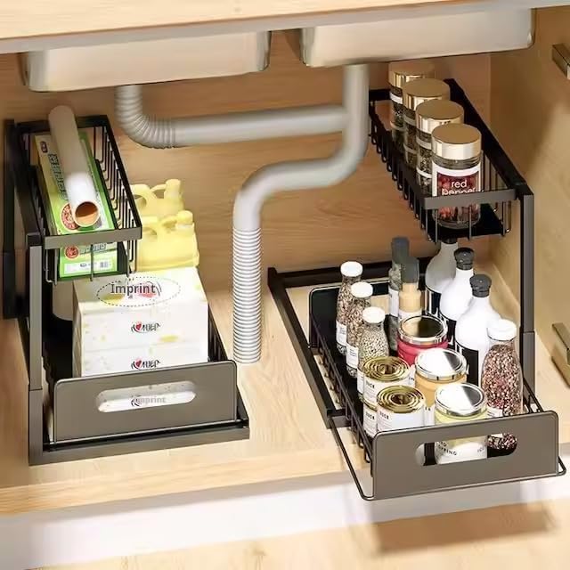 2 Tier Under Sink Storage & Organisation, Under Bathroom Cabinet Storage, Kitchen Sink Organiser Rack, Multi-purpose Under Sink Shelf Organizer- (Black) Set of 2