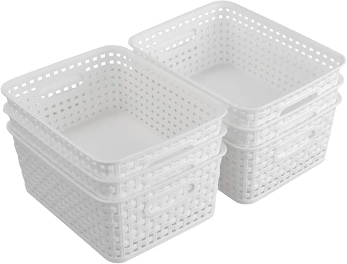 6-Pack White Storage Plastic Baskets, Plastic Weave Basket for Organizing