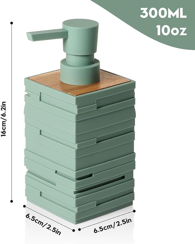 Matte Green Teak Wood Hand Soap Dispenser 10 oz Square for Bathroom and Kitchen Countertops