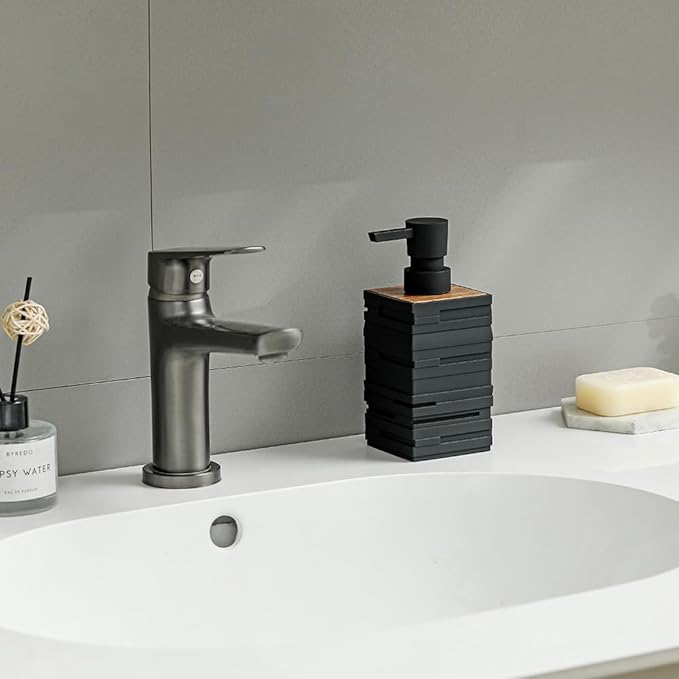 Matte Black Teak Wood Hand Soap Dispenser 10 oz Square for Bathroom and Kitchen Countertops