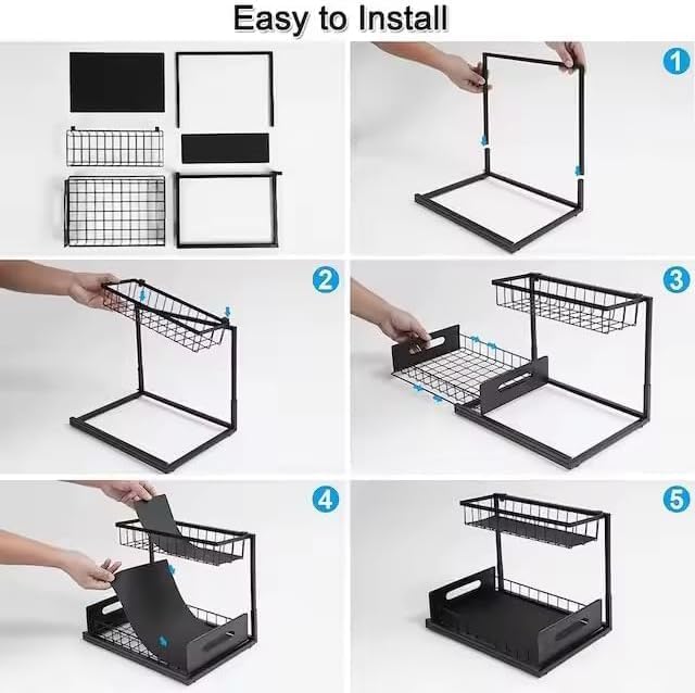 2 Tier Under Sink Storage & Organisation, Under Bathroom Cabinet Storage, Kitchen Sink Organiser Rack, Multi-purpose Under Sink Shelf Organizer- (Black) Set of 2