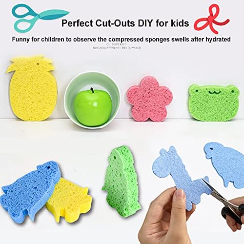 METUUTER 12-Count Kitchen Sponges- Compressed Cellulose Sponges Non-Scratch Natural Dish Sponge for Kitchen Bathroom Cars, Funny Cut-Outs DIY for Kids-Absorb Water Before Use
