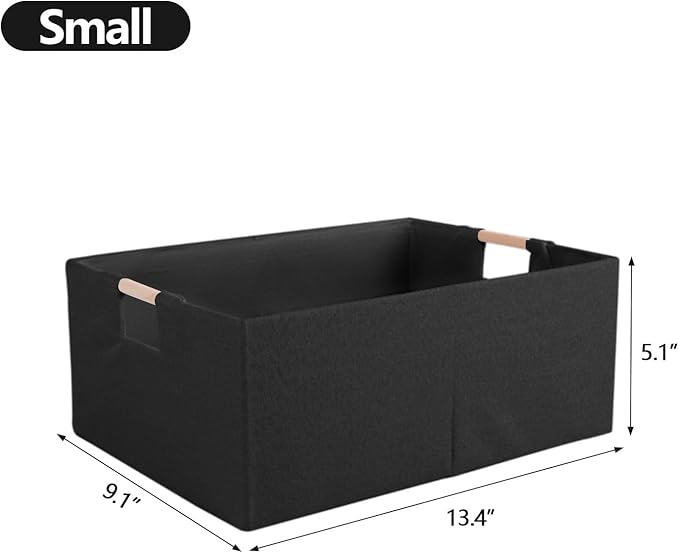 Fabric Storage Bin Box Foldable Cotton Linen Storage Basket with Wooden Handles Rectangular Cube Decorative Home Laundry Organizer Clothes Blanket Container – Black, Large