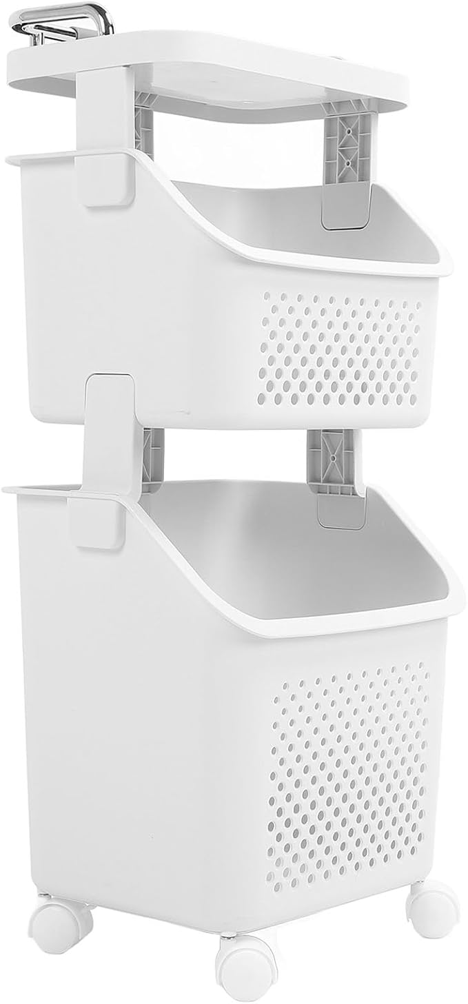 Bathroom Laundry Basket, Stackable Rolling Laundry Hamper, Clothes Storage Basket, 4 Wheels with Wheels, Storage Cart, Household Organizer for Home, Kitchen, Bathroom (2 Tier)