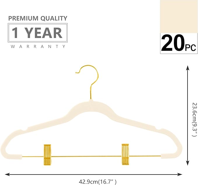 MIZGI Premium Velvet Pants Hangers with Adjustable Clips (Pack of 20) - Slim Skirt Hangers - Non Slip Felt - Ivory/Gold