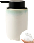 BosilunLife Hand Soap Dispenser - Foam Soap Dispenser Bathroom Ceramic Dish Liquid Soap Dispenser for Kitchen, Bathroom Countertop Soap Dispensers (White with Blue-Green Rim Foam Pump)