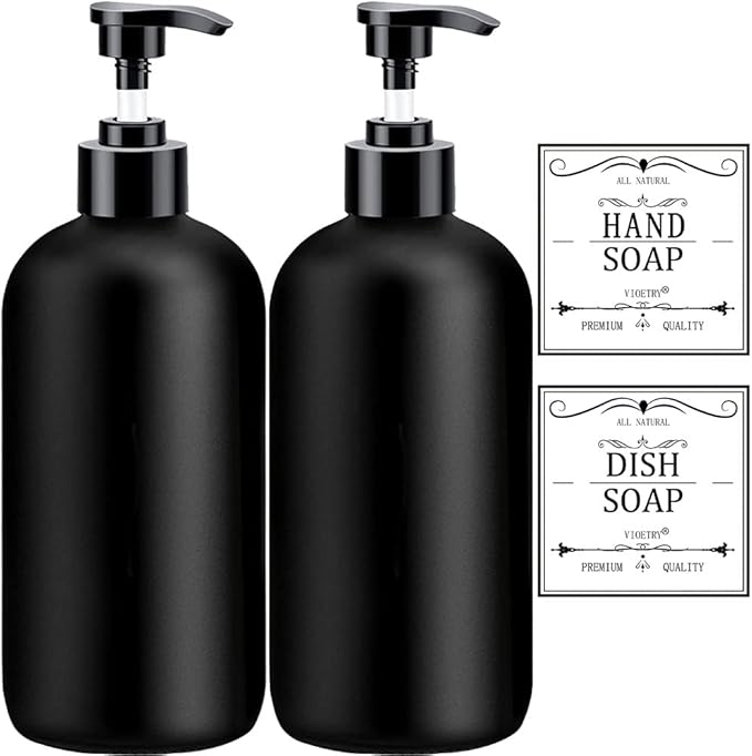Black Soap Dispenser with Rust Proof Pump, Waterproof Labels (2 Pack,16 Oz), Plastic Hand Soap Dish Soap Dispenser for Kitchen, Premium Thick Soap Pump Bottles