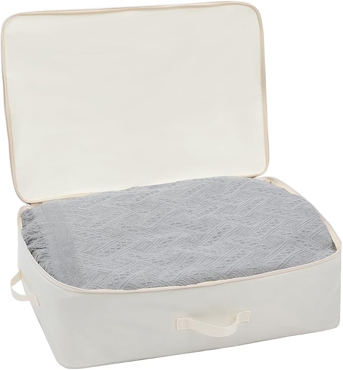 Comforter Clothes Storage Bag, 26.8 x 18 x 7.8 inches, 600D Oxford Fabric for Blanket, Quilt, Pillow, Bedding, Clothes, Sweater, Bedding, Foldable Zipper Container Tote, 2 Carrying Handles, Beige