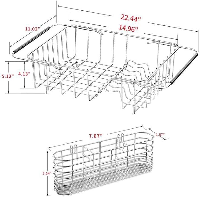 JAQ Dish Drainer in Sink Adjustable 14.96" to 22.44", Expandable 304 Stainless Steel Metal Dish Drying Rack Organizer with Stainless Steel Utensil Holder Over Inside Sink Counter