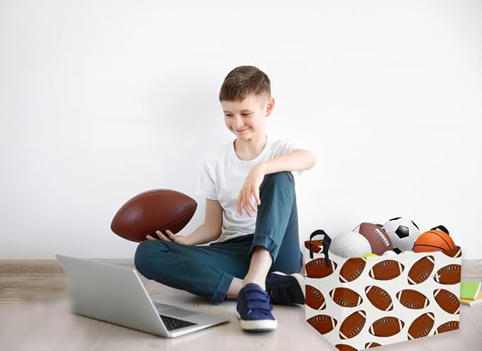 Rectangular Football Basket,Kids Baskets for Kids.Waterproof PE Coating Cute Bins with Handles.Boys Basket,Toys Box,Books Baskets,Gifts Box. (Rugby)