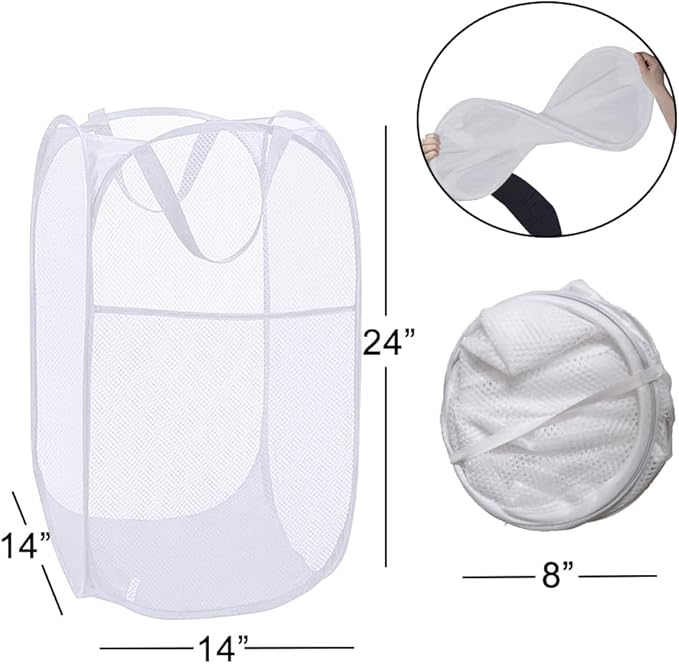 2 Pack Mesh Pop Up Laundry Baskets, Collapsible Laundry Hampers, Foldable Clothes Basket Storage Bins with Handles & Side Pocket for Cruise, Travel, Laundry Room, Dorm, Home (White)