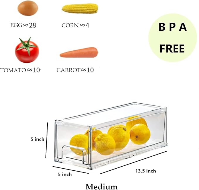 2 Pack Stackable Refrigerator Drawers Pull Out Bins Clear Fridge Drawer Organizer Food Storage Containers Plastic Veggie Fruit Produce Saver for Pantry Kitchen Freezer(M)