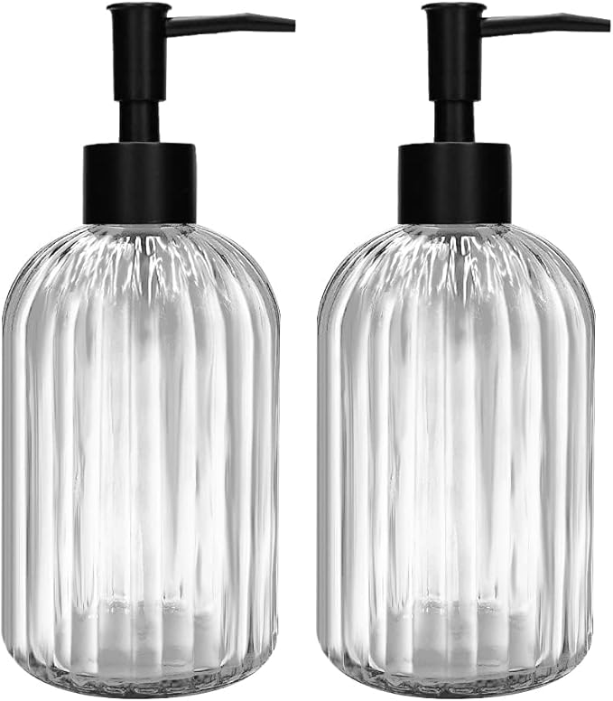 Pack of 2 Glass Soap Dispenser with Black Pump, 400 ml Refillable Pump Dispenser for Kitchen, Bathroom, Laundry Room, Liquid Glass Bottle for Washing Up Liquid, Shampoo, Conditioner (Clear)