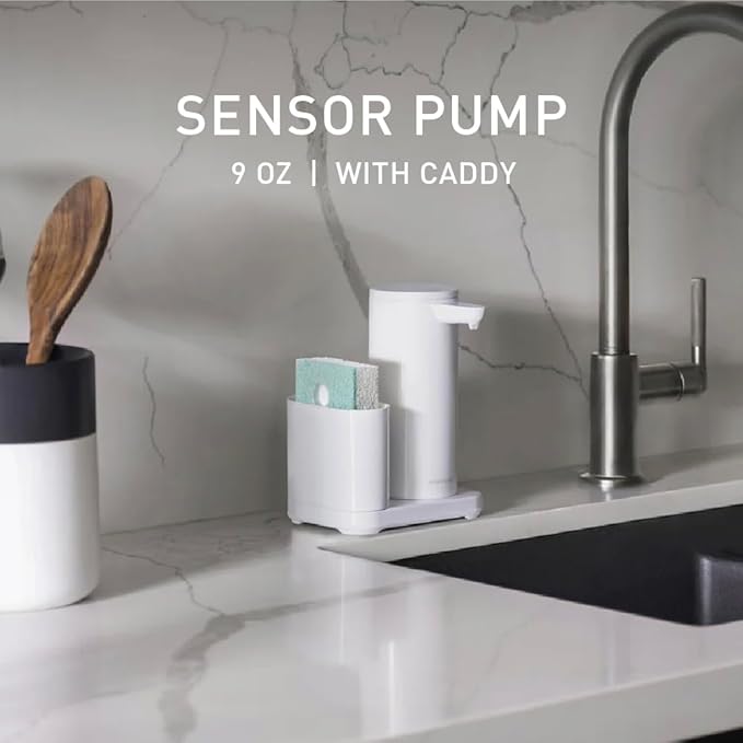 simplehuman Liquid Sensor Pump, 9 oz. with Caddy, Automatic Soap Dispenser for Kitchen and Bathroom, Touchless Motion Sensor, Variable Dispense, Rechargeable, High Grade White Stainless Steel