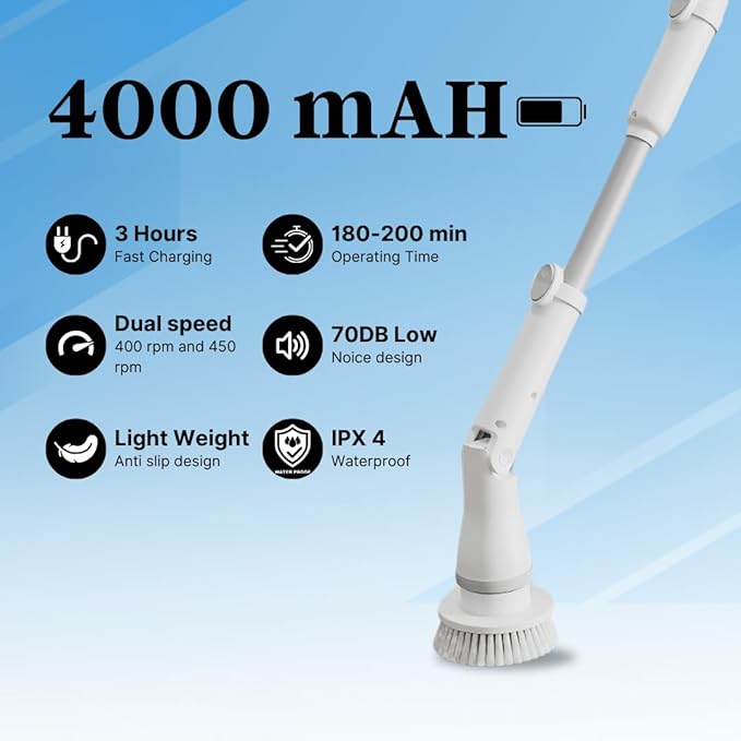 Electric Spin Scrubber Cordless – High-Power Bathroom & Shower Cleaner with Long Handle, 8 Replaceable Heads, Dual Speed (350/420 RPM), 200-Minute Battery Life for Tile, Floor, and Grout Cleaning