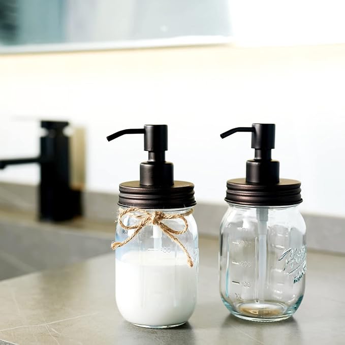 Amolliar 4 Pack Mason Jar Liquid Soap Dispenser, Rustproof Stainless Steel Lid Pump, Refillable Hand Soap for Bathroom, Kitchen, Cute Farmhouse Decor for Dish Soap, Liquid Soap, Lotions(Bronze)