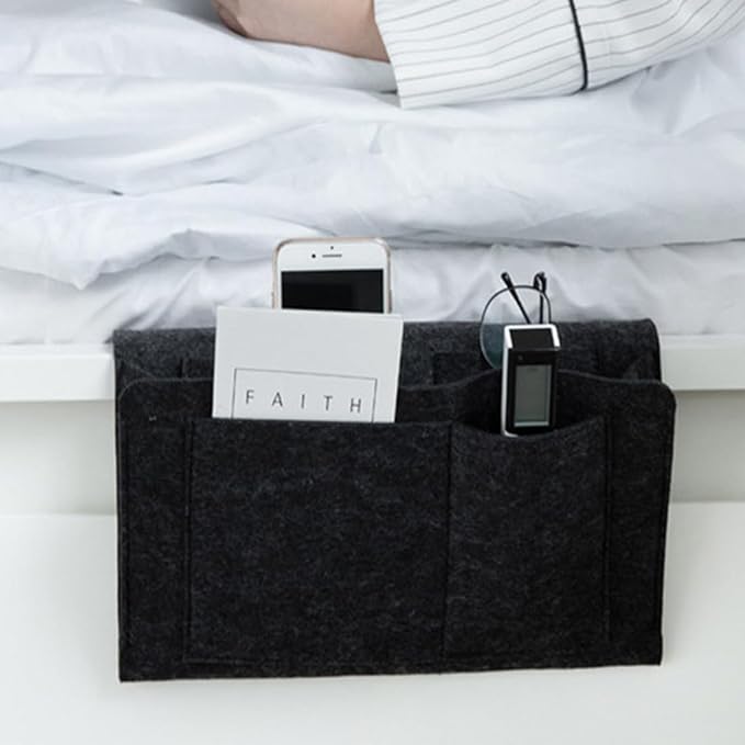 Bringsine 5 Pockets Bedside Caddy, Felt Bed Storage Organizer Hanging Bag Holder for Magazine Book Phone Tablet iPad Cables Remote and Glasses Holder Home Dorm Bed Sofa-Black