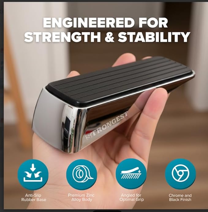 Strongest Home Heavy Duty Door Stopper Wedge (4 Chrome PCs) | Non-Slip Rubber and Metal Door Stop for Heavy Doors | Work on Wood, Tile, Carpet + 4 White Wall Protectors