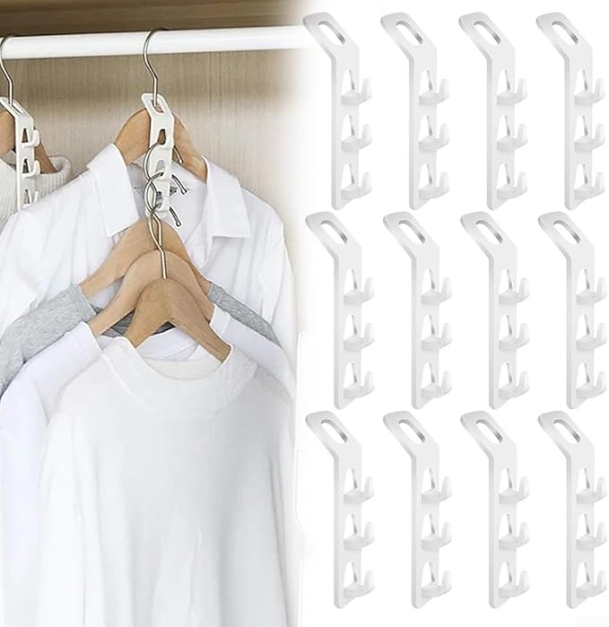 Space Saving Clothes Hanger Hooks, Multi Function Cabinet Organizer with 3 Hooks per Hanger, Connectable Wardrobe Space Saver for Pants Bags Accessories, Heavy Duty Thick PP