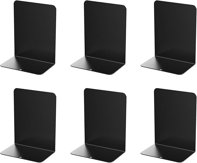 Book Ends, 6 Pieces Metal Bookend for Shelves, Bookends for Heavy Books, Book Holders for Shelves, Desk Organizers, Book Dividers for Office, School, Bookstore, Home