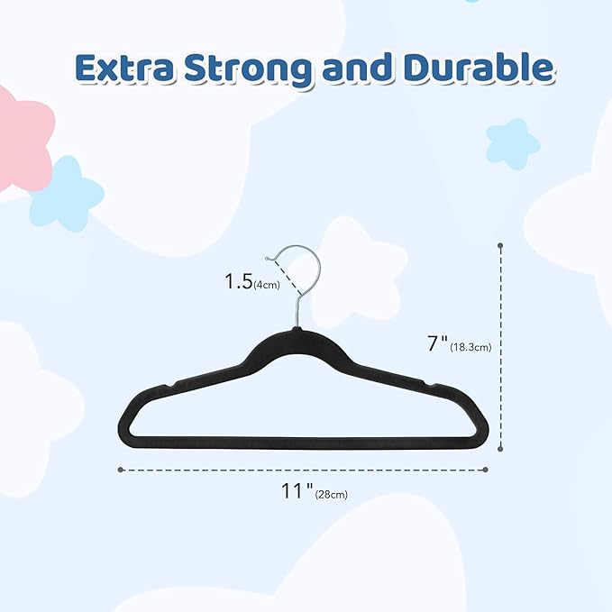Smartor Premium 11 Inch Baby Hangers 50 Pack, Black Kids Velvet Hanger, Non Slip, Space Saving Felt Hangers Clothes Organizers for Closet with 360° Swivel Hook for Children, Infant & Toddler