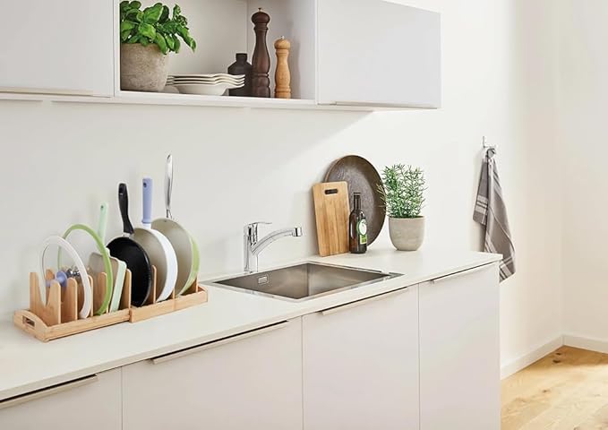 Pots and Pans Organizer under Cabinet, Pot Lid Organizer Bamboo Expandable with 10 Adjustable Dividers, Pan Holder Kitchen Storage Rack for Cutting Board, Baking Tray and Cookie Sheet