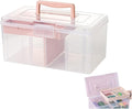 FOREVERIE Clear Plastic Office Supply Art & Craft Storage Box, Sewing Box Organiser Large with a Removable Tray & Adjustable Partition, Portable Travel Makeup Case (Clear & pink)