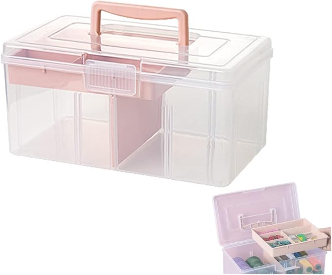 FOREVERIE Clear Plastic Office Supply Art & Craft Storage Box, Sewing Box Organiser Large with a Removable Tray & Adjustable Partition, Portable Travel Makeup Case (Clear & pink)