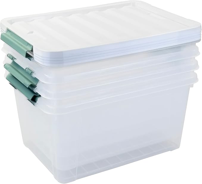 Parlynies 4-Pack Latching Lid Box, Large Clear Plastic Storage Bins, 35 Quart, Green Latch, Stackable Container Boxes for Home, Bathroom, Kitchen and Office Organization