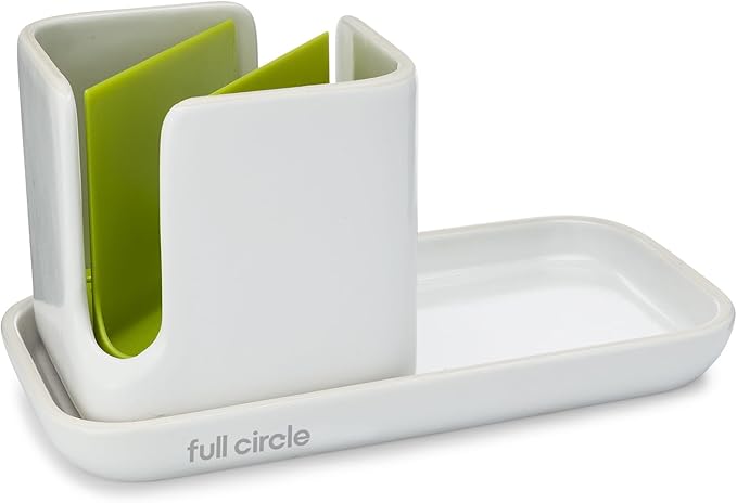 Full Circle Stash, Ceramic Kitchen Sink Caddy, Stylish Modular Sponge Holder & Dish Brush Organizer, Green and White, 11"