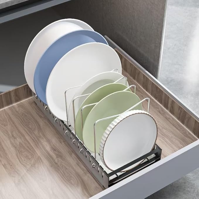 JAQ Pull Out Pots and Pans Organizer Under Cabinet, Slide out Pot Lids Rack Holder with Drain Tray for Plate Cutting Board Baking Sheet inside Cabinets, 10 Adjustable Dividers-Black