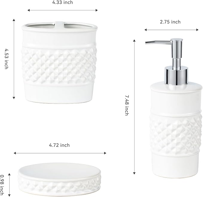 3-Piece White Ceramic Bathroom Accessories Set - Luxurious Soap Dispenser, Toothbrush Holder & Soap Dish with Modern Geo Embossed Design for Bathroom Accessory Set