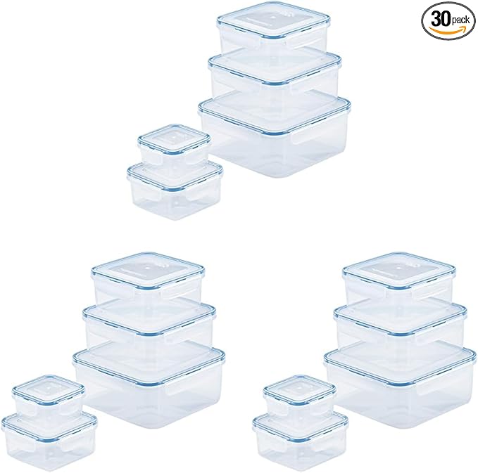 LOCK & LOCK Easy Essentials Food Storage lids/Airtight containers, BPA Free, 10 Piece - Square, Clear (Pack of 3)