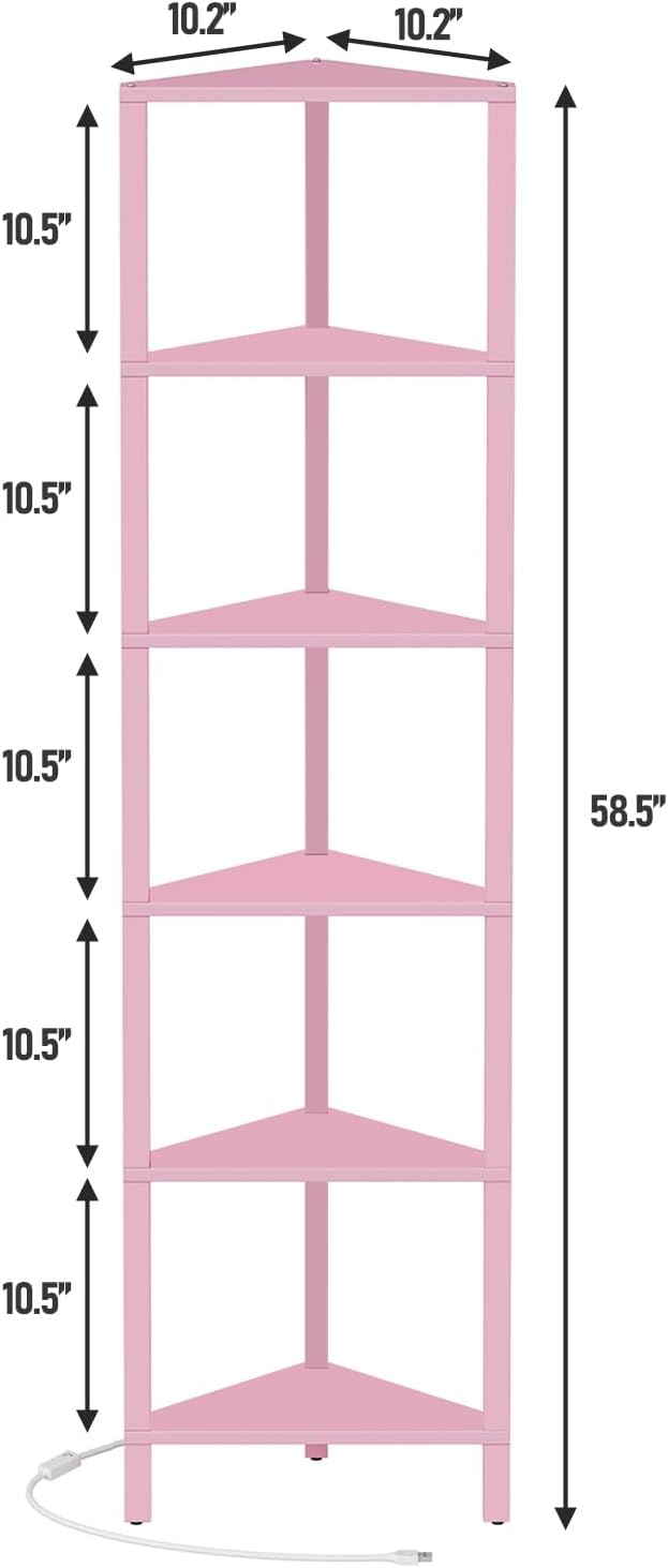 TUTOTAK Corner Shelf with LED Light, 6-Tier Corner Bookshelf for Small Space, Narrow Display Corner Shelf Stand with Storage Rack, for Living Room, Bedroom, Pink BS05BP006L