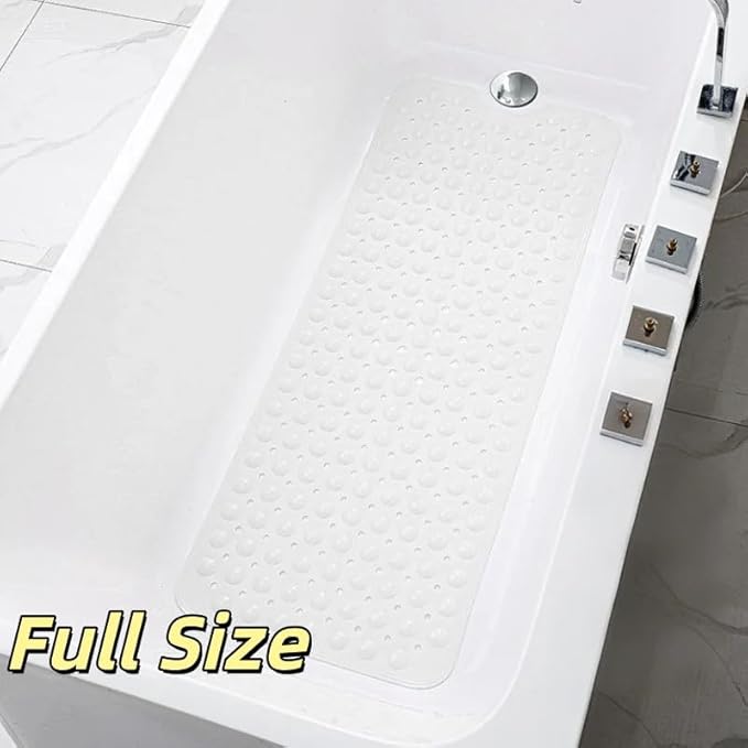 Bath and Shower Safety Mats 40x16 inch, Non Slip with Strong Suction Cups for Bathroom Stall and Tub Floor, Extra Large and Machine Washable, Drain Holes Keep Bathtub Clean, Soft on Feet, White