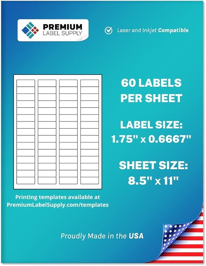 Premium Label Supply White Sticker Return Address Labels – 1-3/4" x 2/3" – Laser/Inkjet Compatible – (60 per Sheet), 25 Sheets – 1,500 Total Adhesive Labels