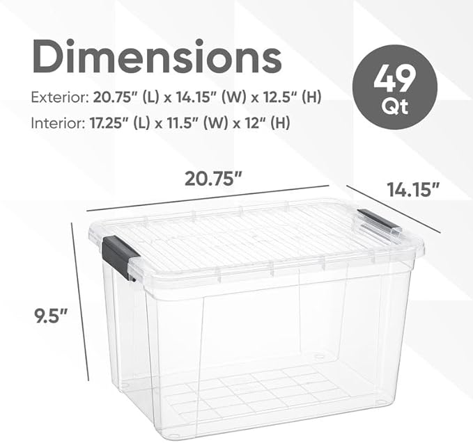 Superio Clear Storage Boxes with Lids, 49 Quart Plastic Container Bins for Organizing, Stackable Crates, BPA Free, Non Toxic, Odor Free, Organizers for Home, Office and Dorm, 5 Pack