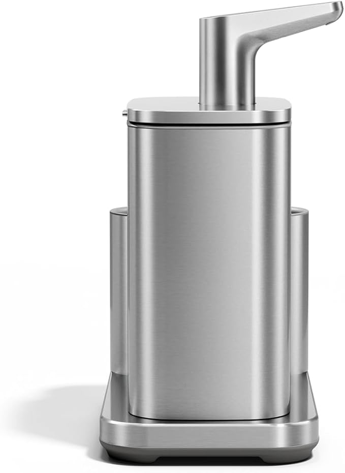 simplehuman Pulse Pump, 16 oz. with Caddy, Premium Soap Dispenser for Kitchen and Bathroom, Drip and Clog Free Valve, Mess-Free Wide Refill, Magnetic Caddy for Sponge, Brushed Stainless Steel