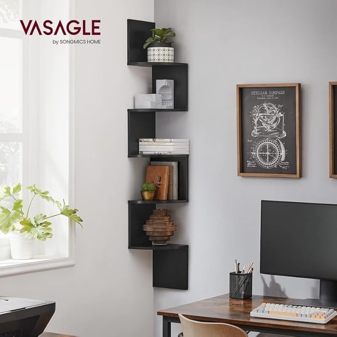 VASAGLE Corner Shelf Wall Mount, 5-Tier Floating Corner Bookshelf, Plant Shelf for Bedroom, Living Room, Bathroom, Home Office, Ink Black