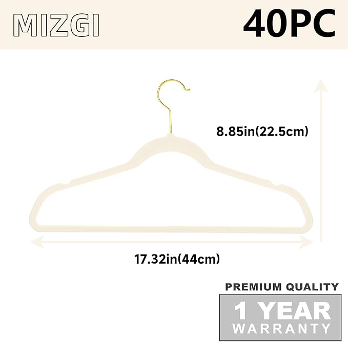 MIZGI Premium Velvet Hangers Pack 40 Pcs Heavy Duty - Non Slip Felt Hangers - Velvet Suit Hangers Ivory with Gold Hooks,Space Saving Clothes Hangers