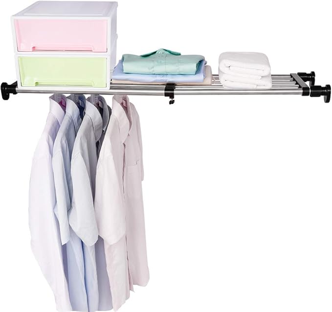 BAOYOUNI Expandable Closet Shelf Tension Rod Clothes Hanger Storage Rack Adjustable DIY Shelving Unit Cabinet Kitchen Bathroom Divider Separator Organizer, Black